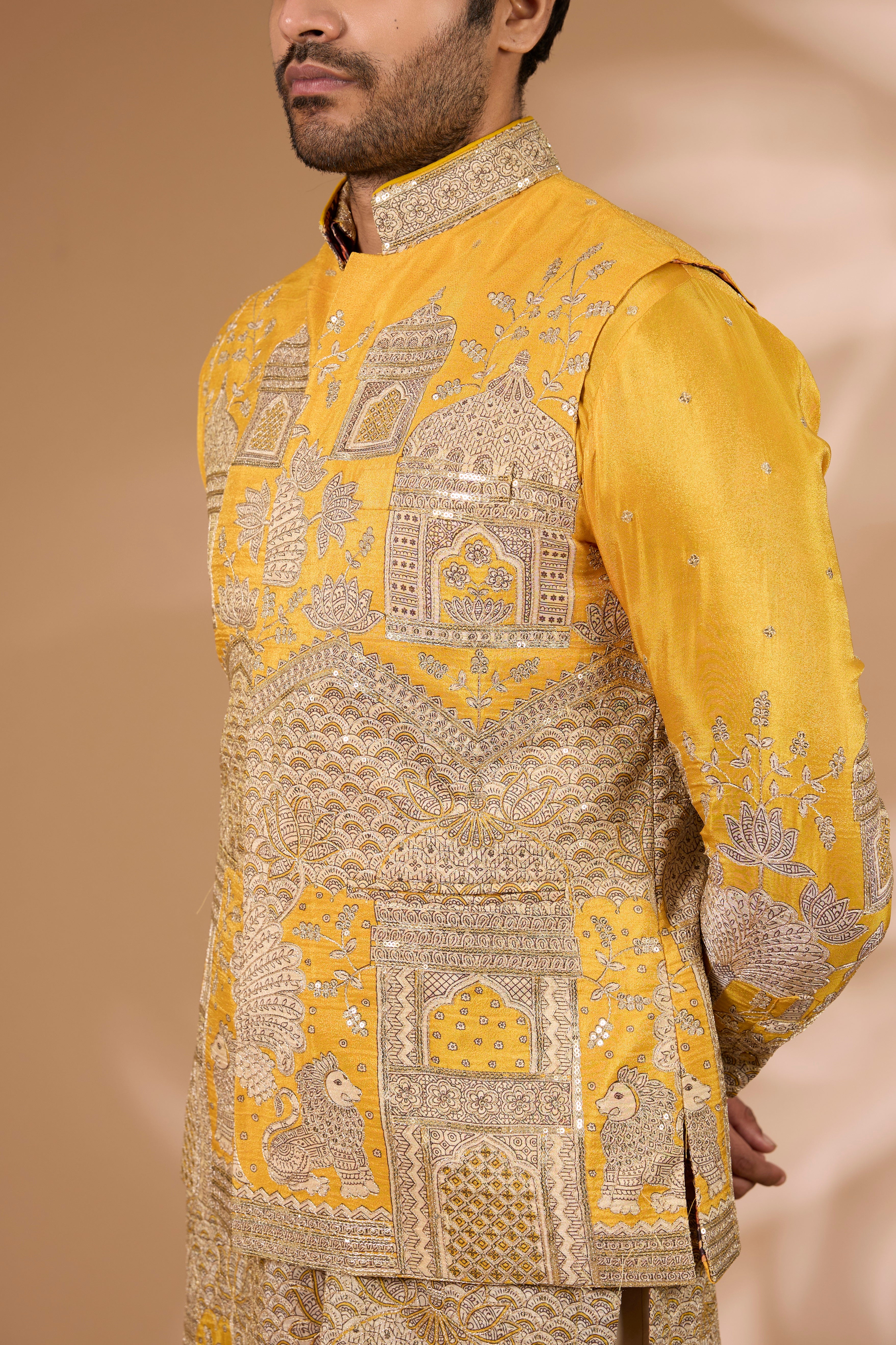 Haldi Silk Kurta & Bundi Set – Gold Foil, Zari & Sequin, Gold Pant
