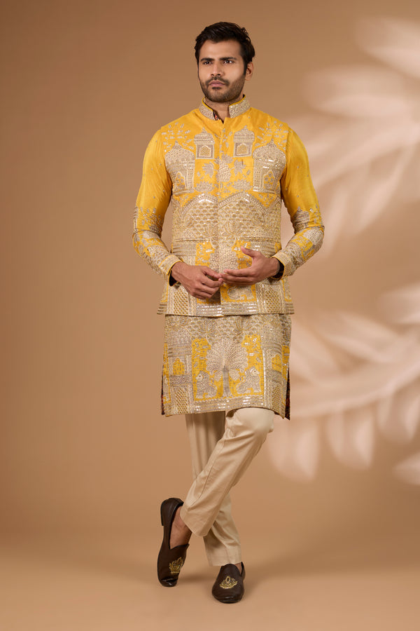 Haldi Silk Kurta & Bundi Set – Gold Foil, Zari & Sequin, Gold Pant