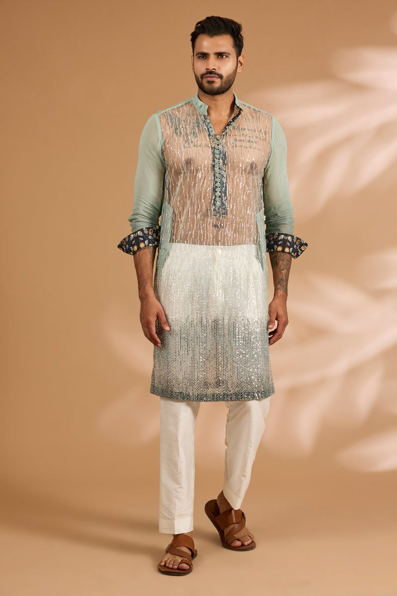 Shaded Aqua Sequin & Cutdana Embroidered Kurta Set