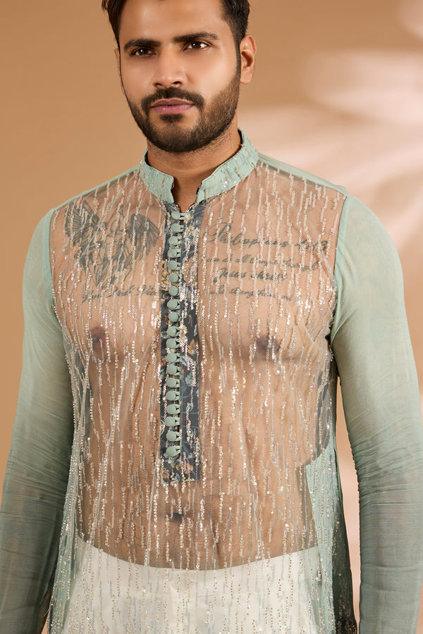 Shaded Aqua Sequin & Cutdana Embroidered Kurta Set