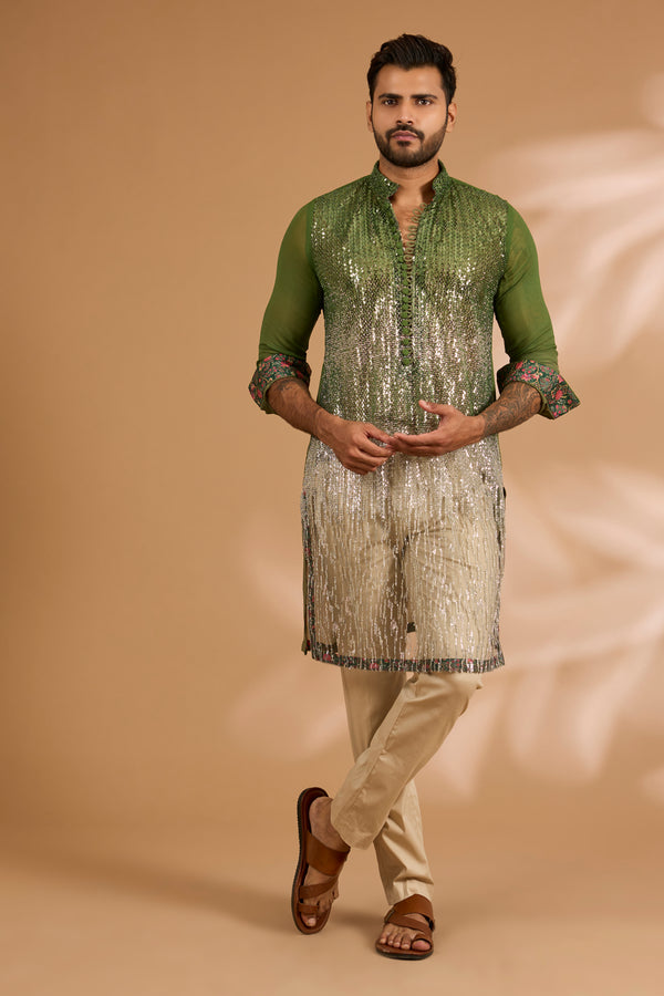 Shaded Mehendi Green Sequin & Cutdana Embroidered Kurta Set