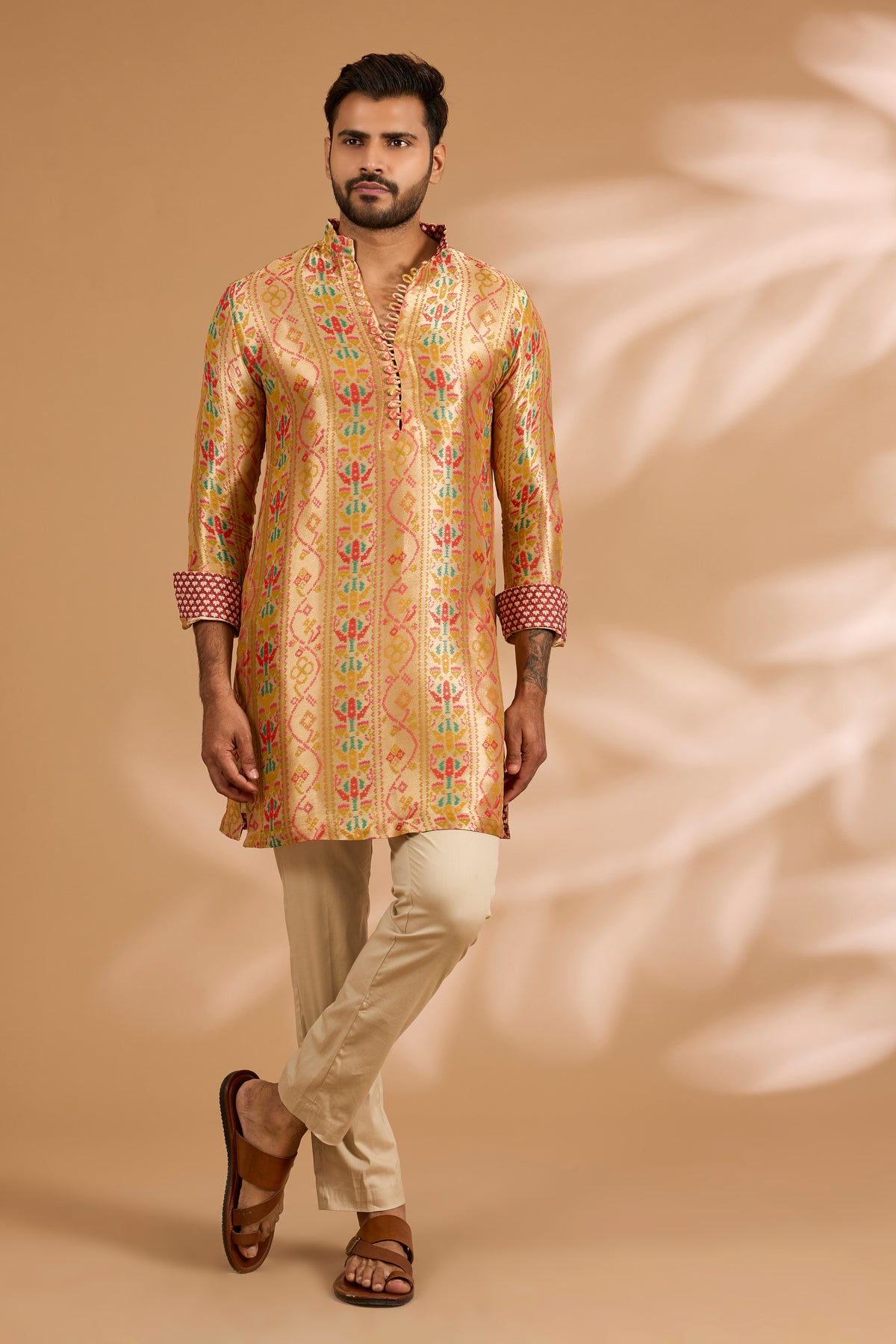 Multicolor Benarasi Zari Kurta with Printed Bundi & Gold Pants