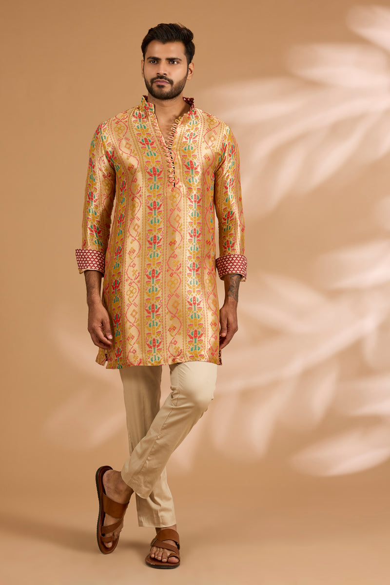 Multicolor Benarasi Zari Kurta with Printed Bundi & Gold Pants