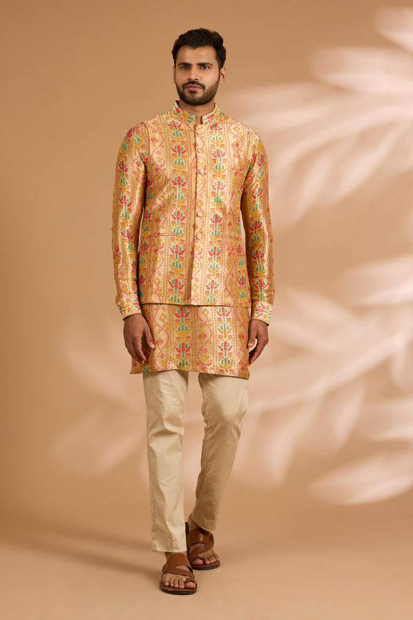 Multicolor Benarasi Zari Kurta with Printed Bundi & Gold Pants