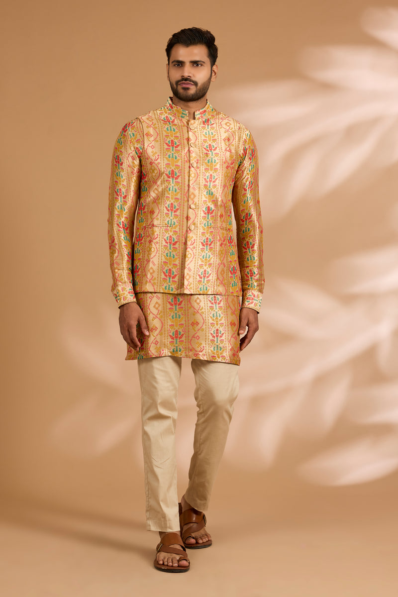 Multicolor Benarasi Zari Kurta with Printed Bundi & Gold Pants