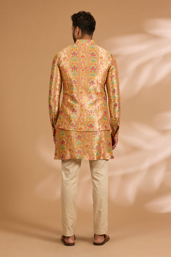 Multicolor Benarasi Zari Kurta with Printed Bundi & Gold Pants