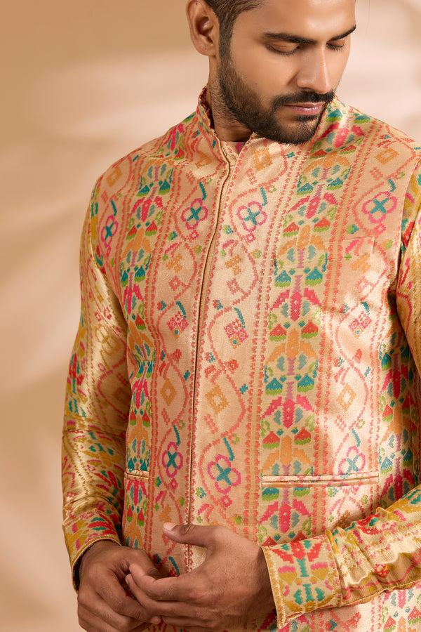Multicolor Benarasi Zari Front Open Kurta Set with Bundi