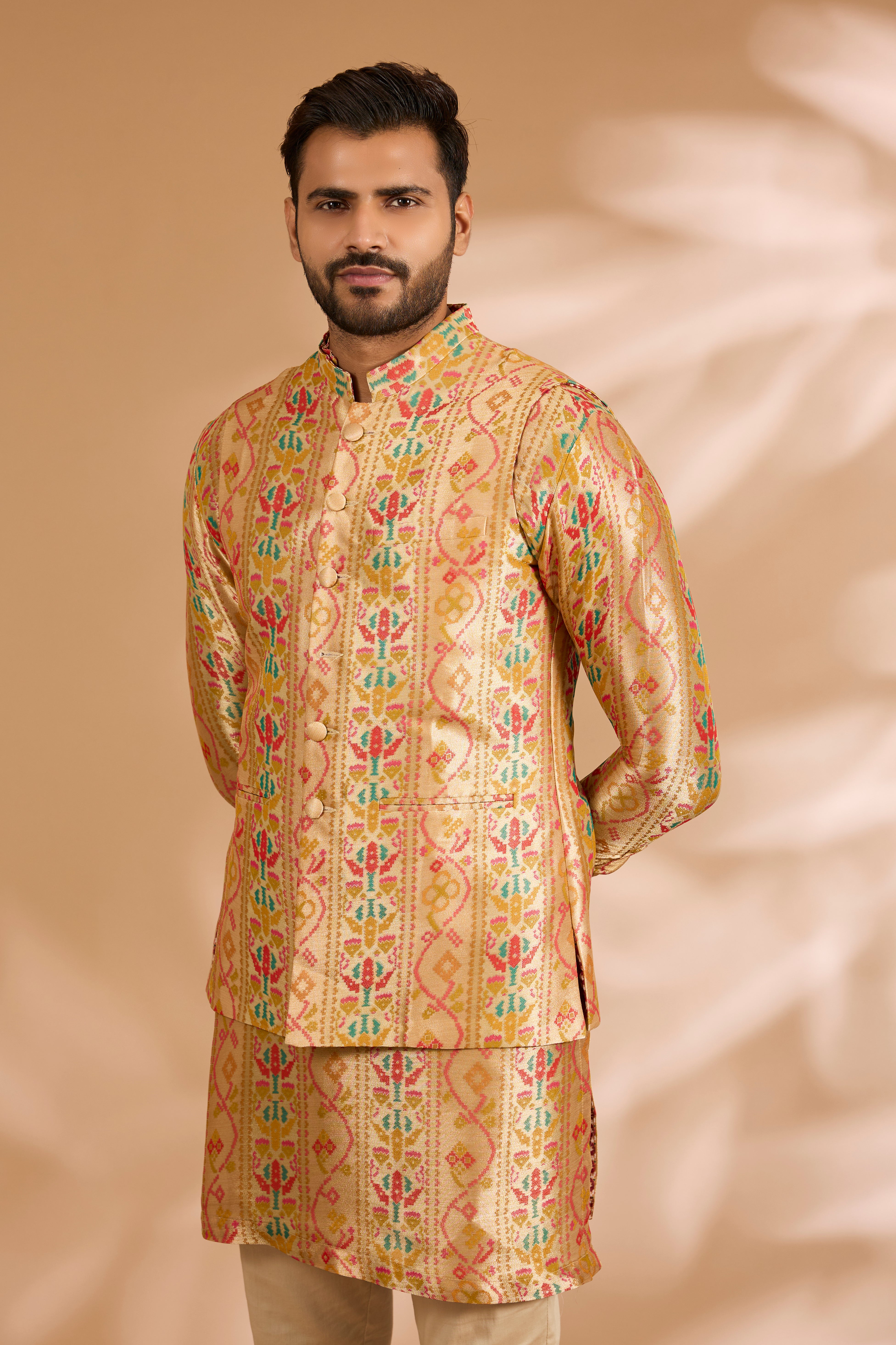 Multicolor Benarasi Zari Kurta with Loop Buttons & Gold Pants