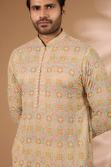 Aqua Georgette Kurta – Multicolor Thread & Beads, Gold Pant