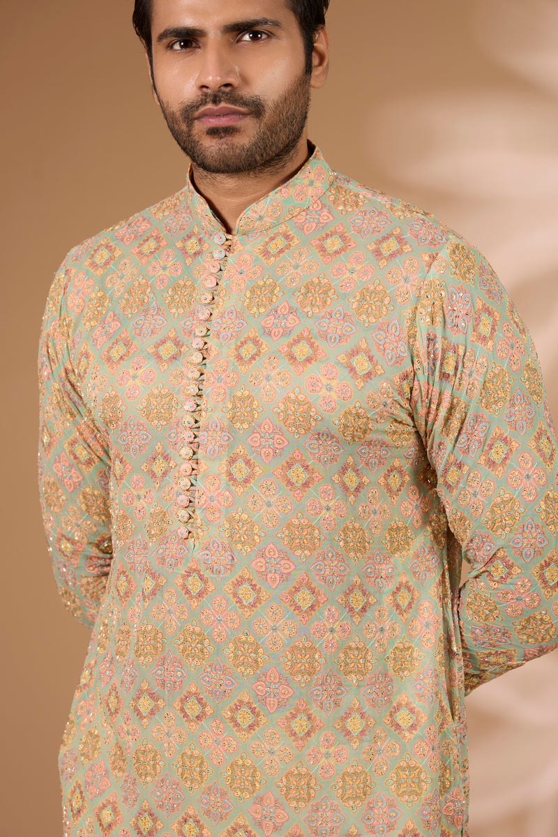 Aqua Georgette Kurta – Multicolor Thread & Beads, Gold Pant