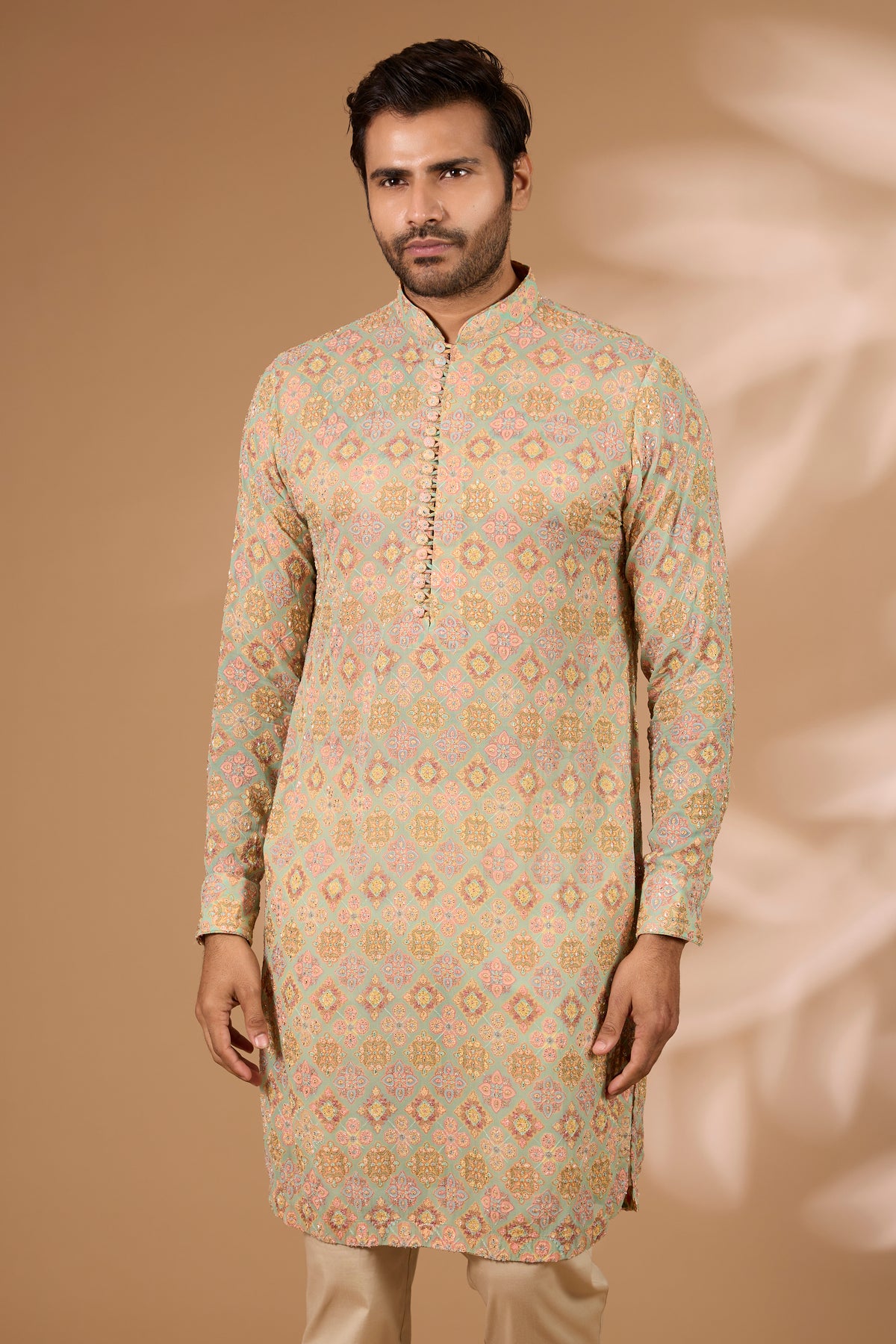 Aqua Georgette Kurta – Multicolor Thread & Beads, Gold Pant