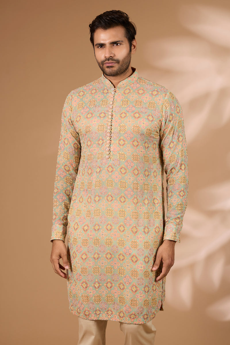 Aqua Georgette Kurta – Multicolor Thread & Beads, Gold Pant