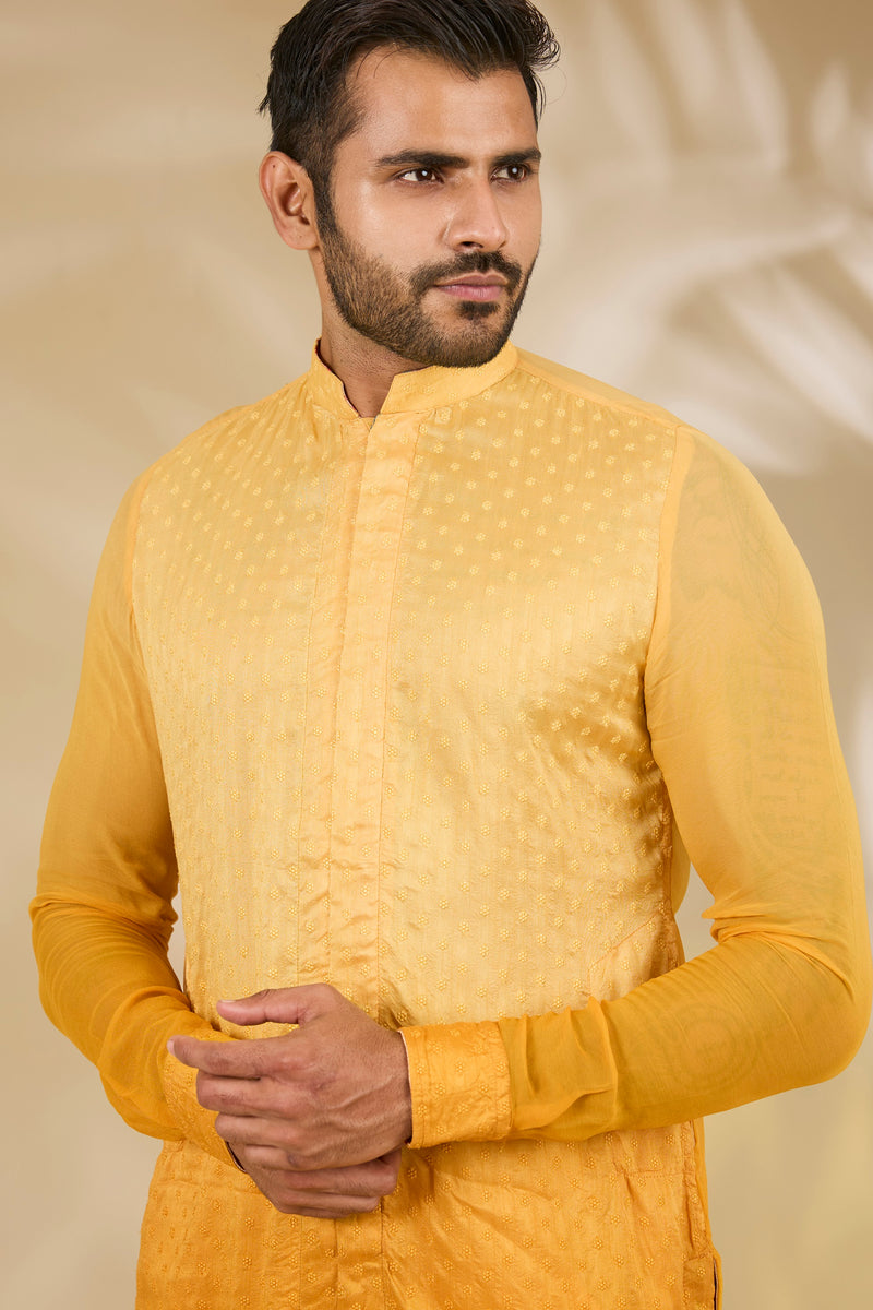 Shaded Yellow Booti Silk Kurta Set