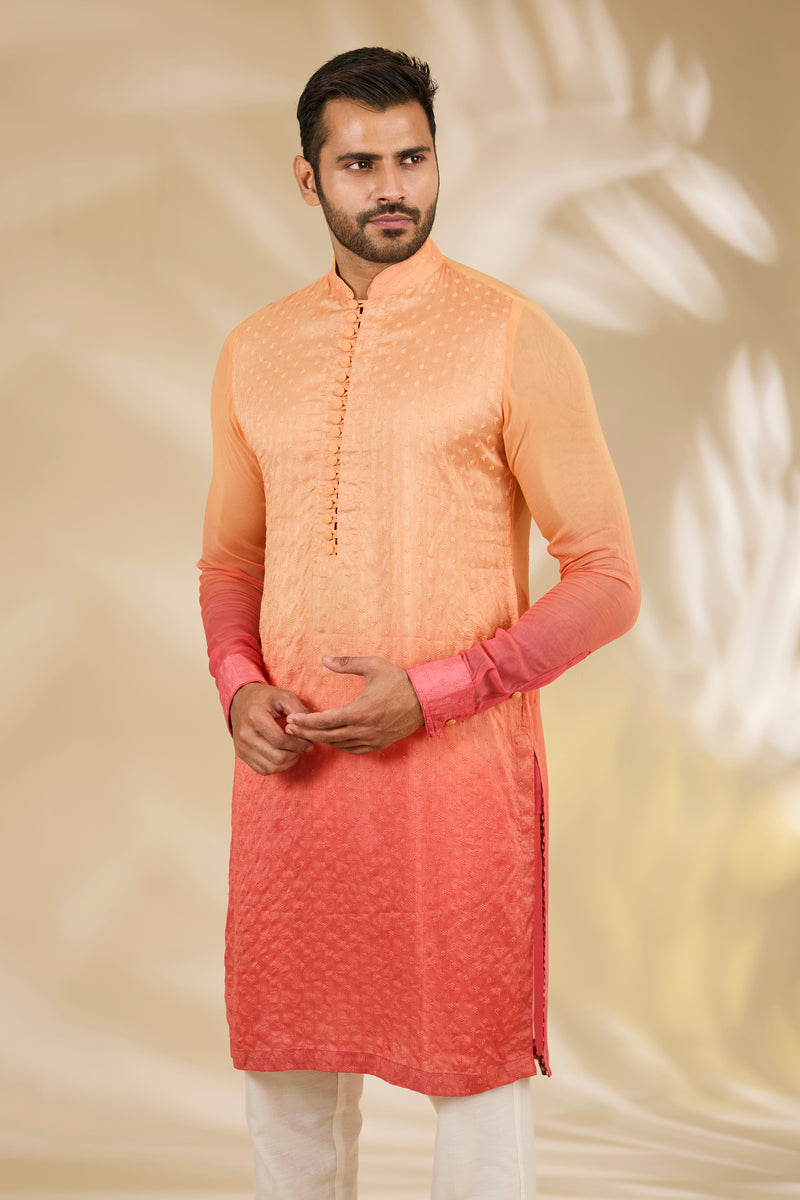 Shaded Orange–Peach Booti Silk Kurta Set