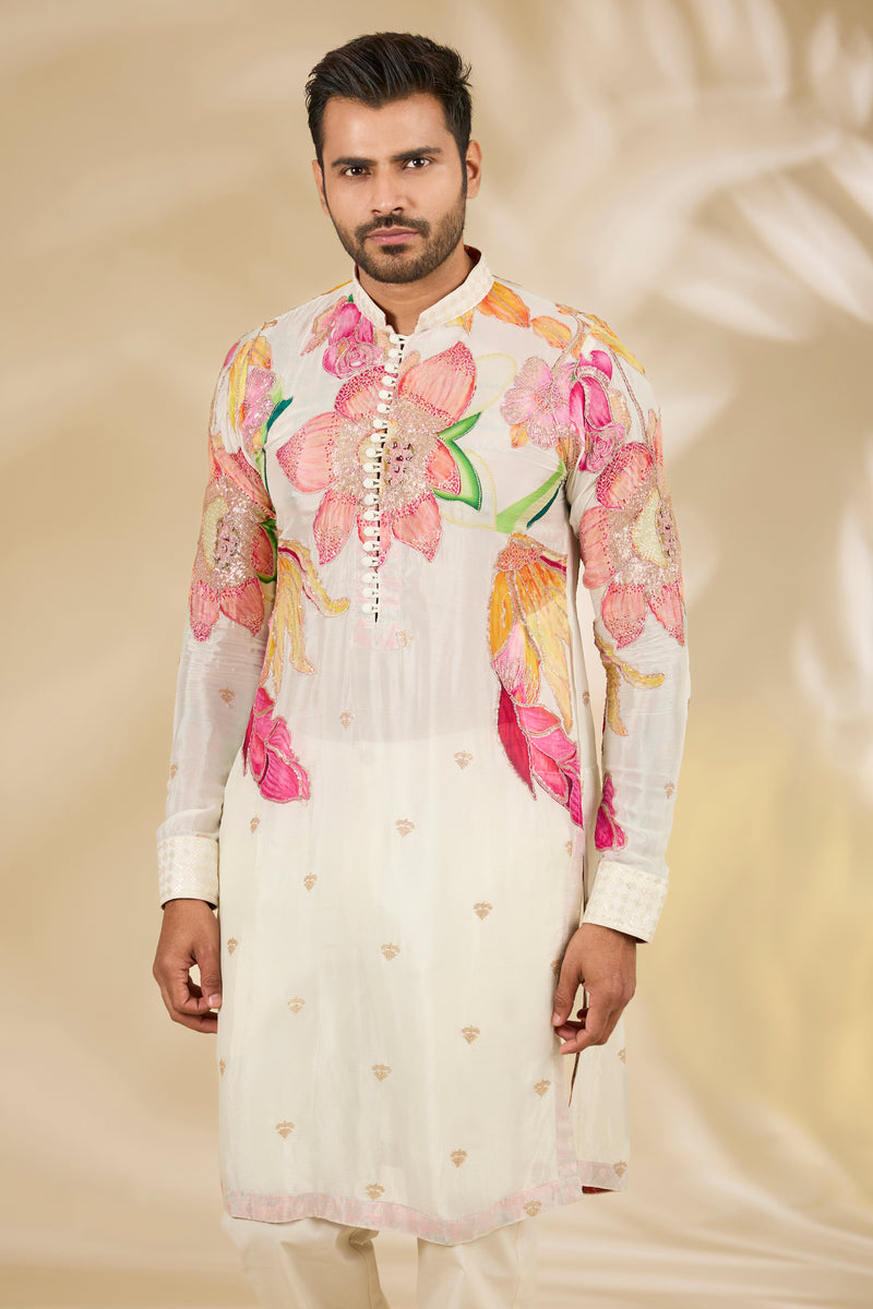 Cream Multicolour Floral Kurta Set