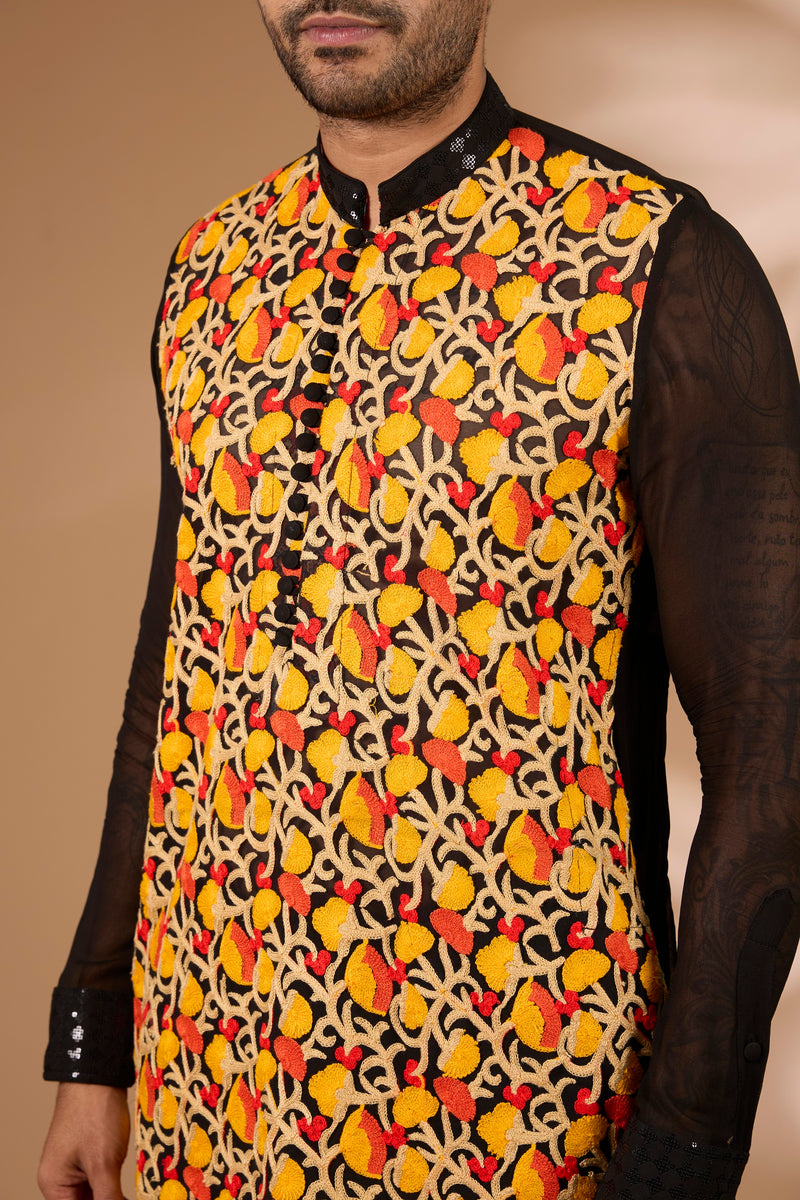 Black Georgette Kurta – Multicolor Thread, Sequin Collar, Cotton Silk Pant