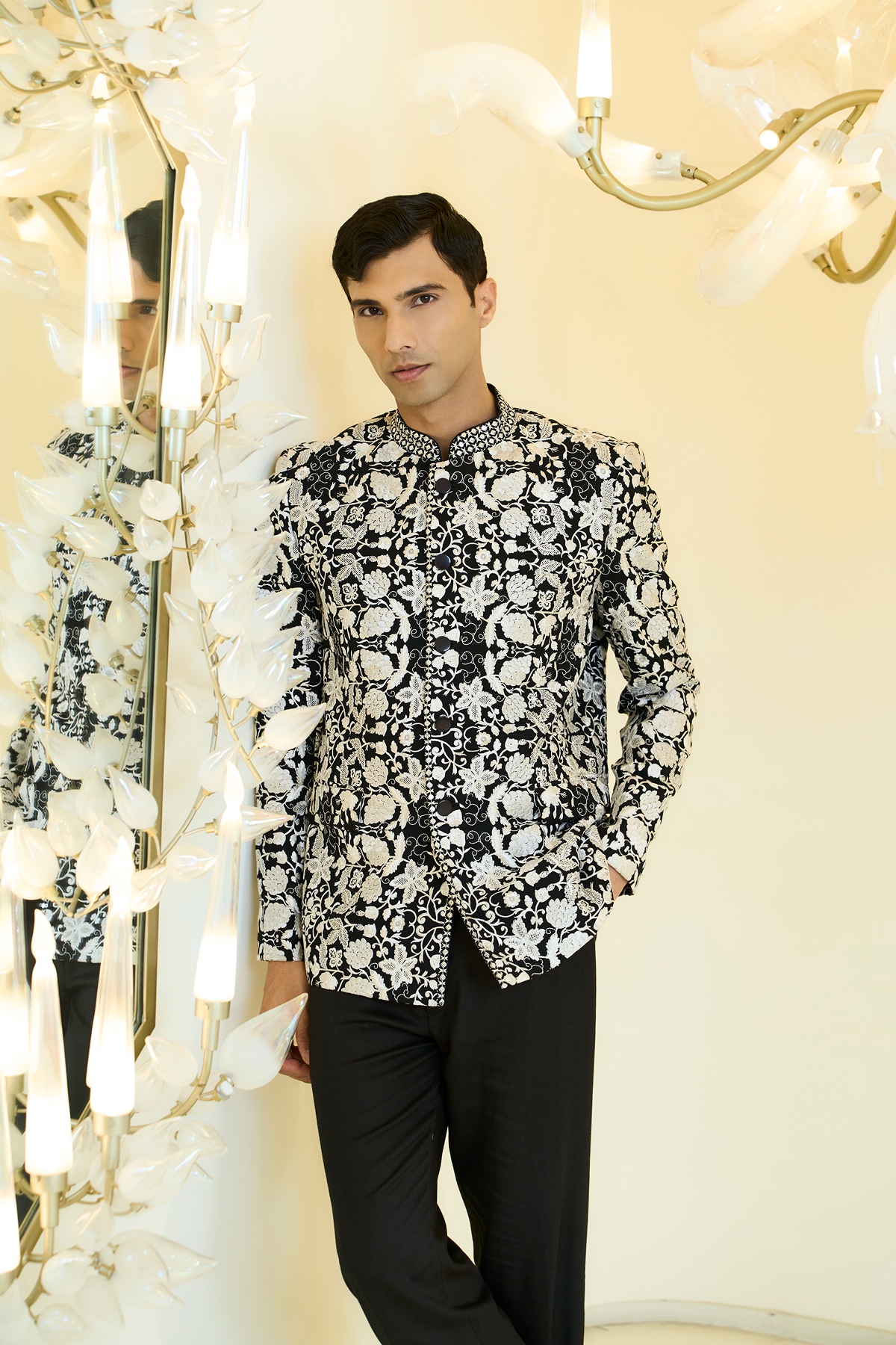 Black & White Embroidered Bandhgala Set