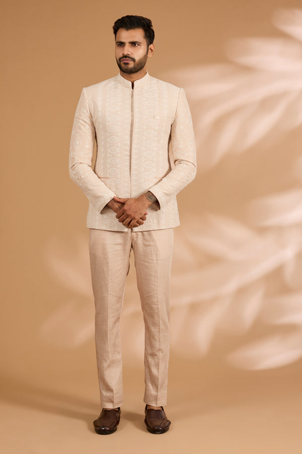 Salmon Pink Nude Thread Work Bandhgala Set