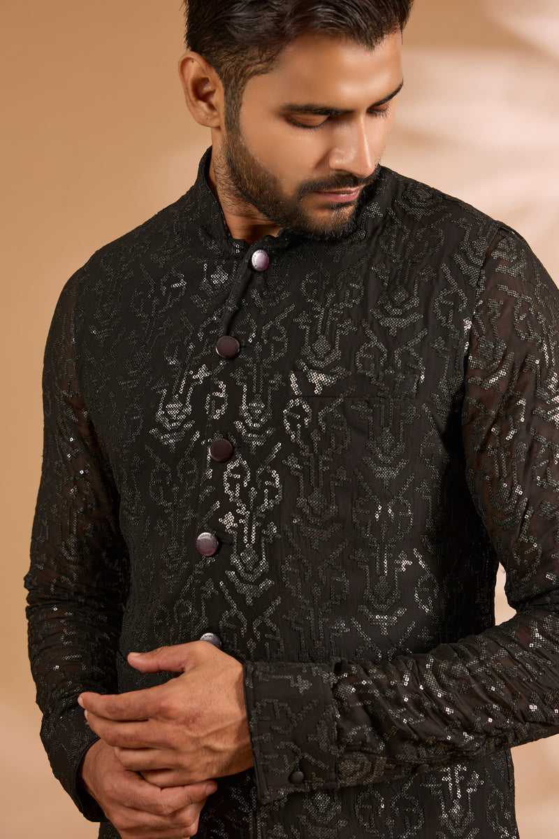 Black Georgette Sequin Jaal Bundi with Printed Lining