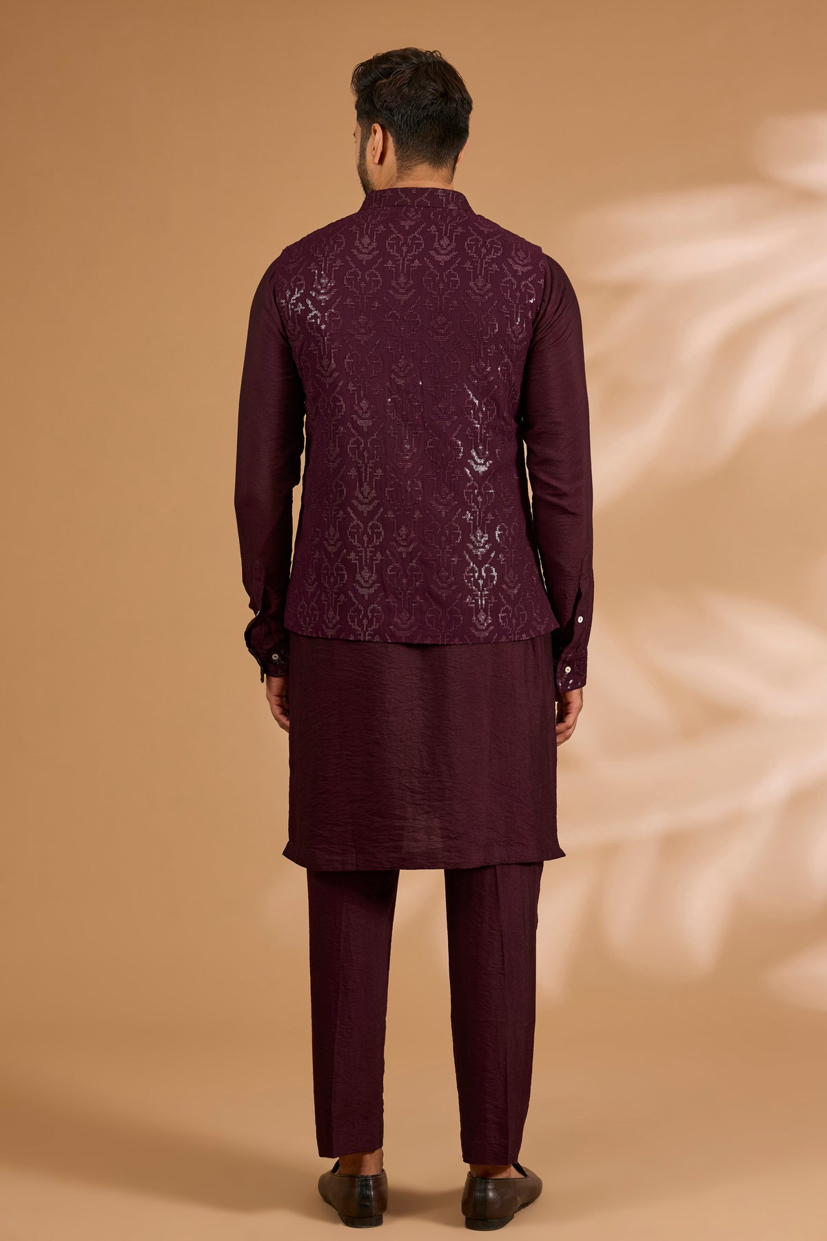 Ox Blood Georgette Sequin Jaal Bundi with Printed Lining