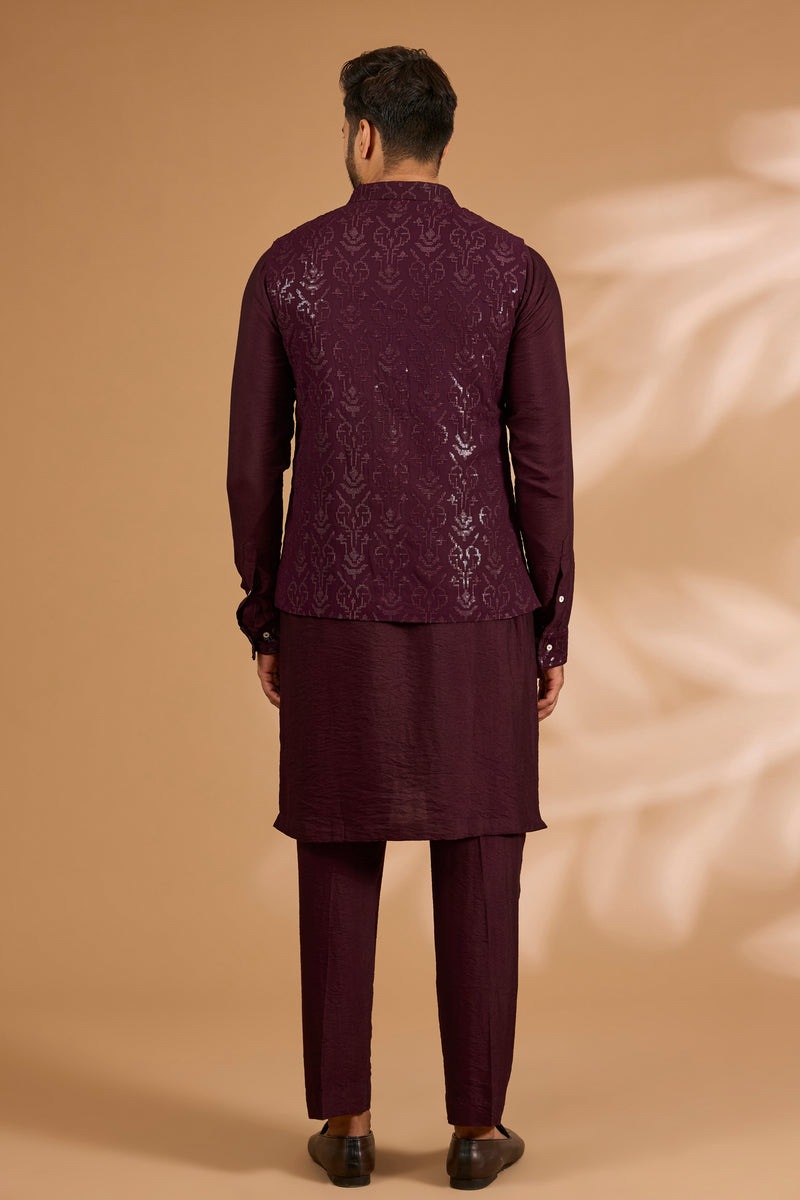 Ox Blood Georgette Sequin Jaal Bundi with Printed Lining