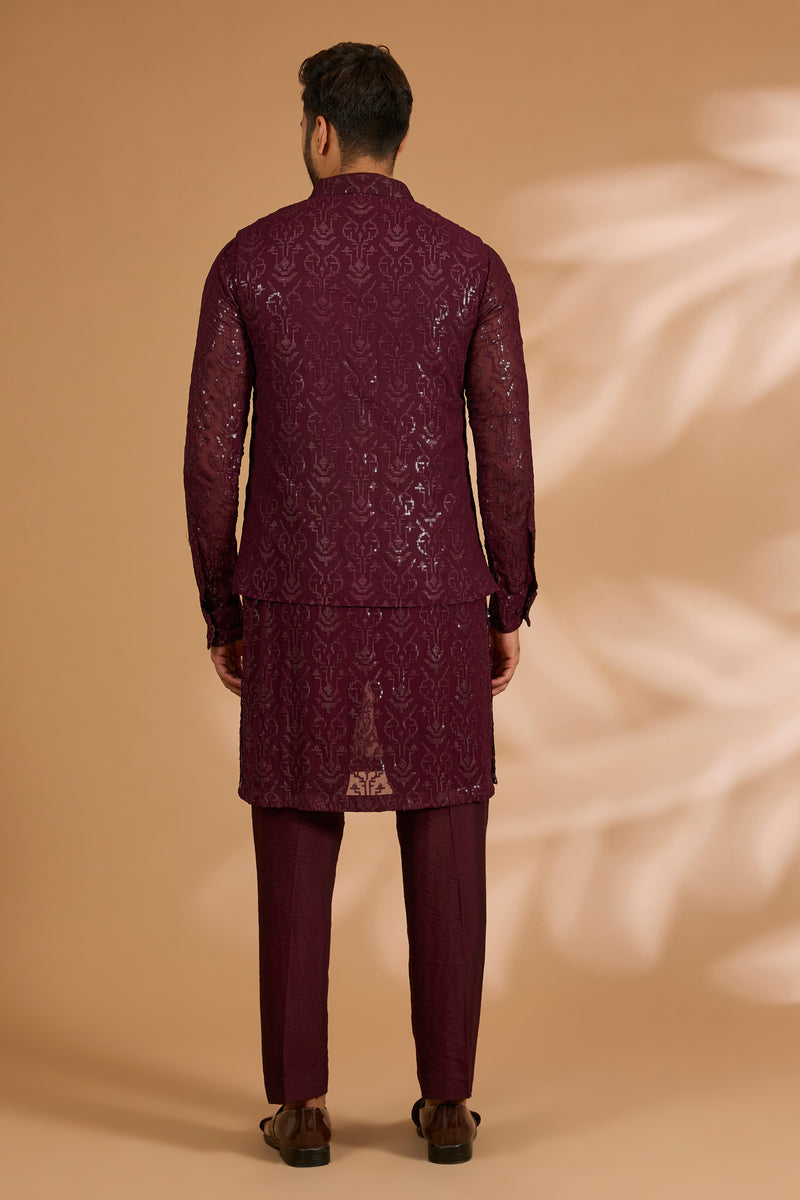 Ox Blood Full Sequin Jaal Bundi Kurta Set