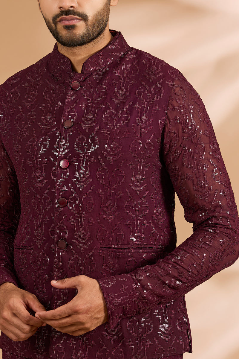 Ox Blood Full Sequin Jaal Bundi Kurta Set