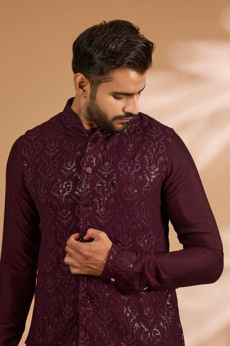Ox Blood Georgette Sequin Jaal Bundi Kurta Set