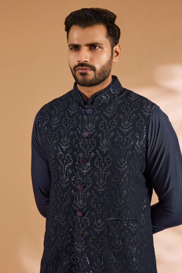 Blue Georgette Sequin Jaal Bundi with Printed Lining