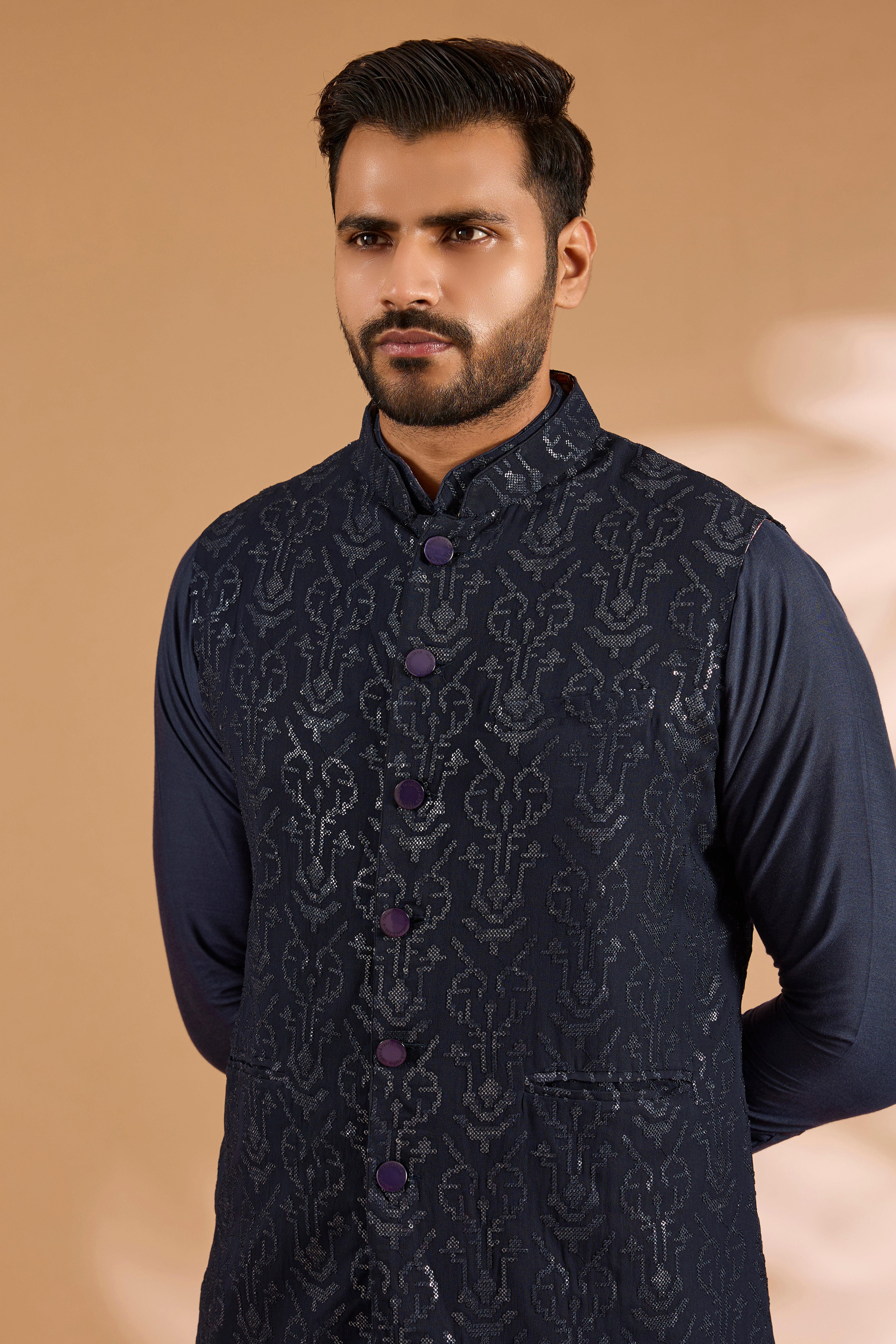 Blue Georgette Sequin Jaal Bundi Kurta Set