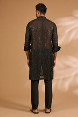 Black Georgette Sequin Jaal Kurta with Loop Buttons