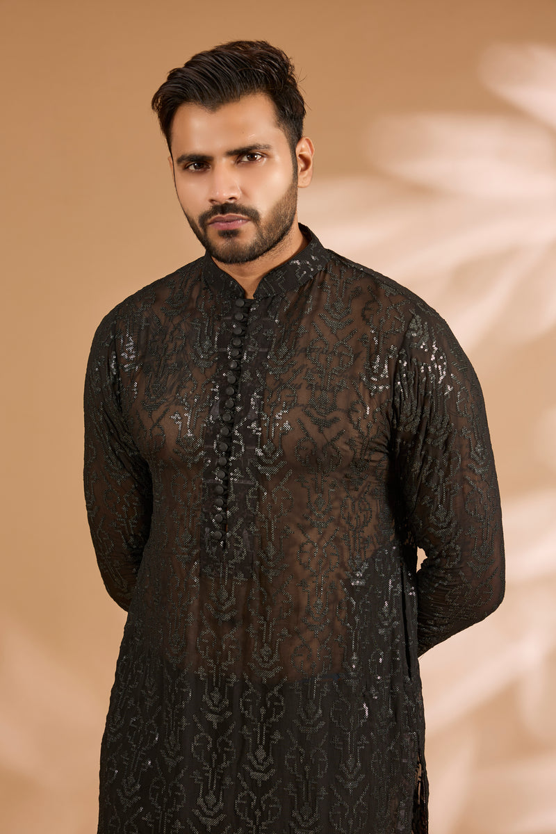 Black Georgette Sequin Jaal Kurta with Loop Buttons