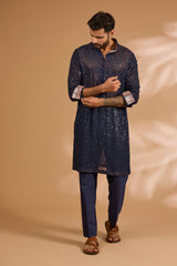 Blue Georgette Sequin Jaal Kurta with Loop Buttons