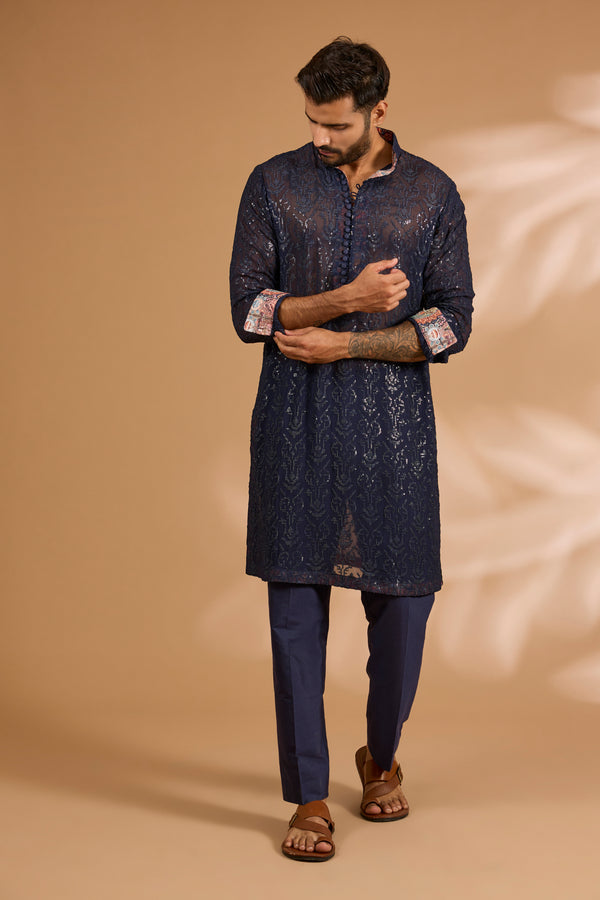 Blue Georgette Sequin Jaal Kurta with Loop Buttons