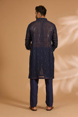 Blue Georgette Sequin Jaal Kurta with Loop Buttons