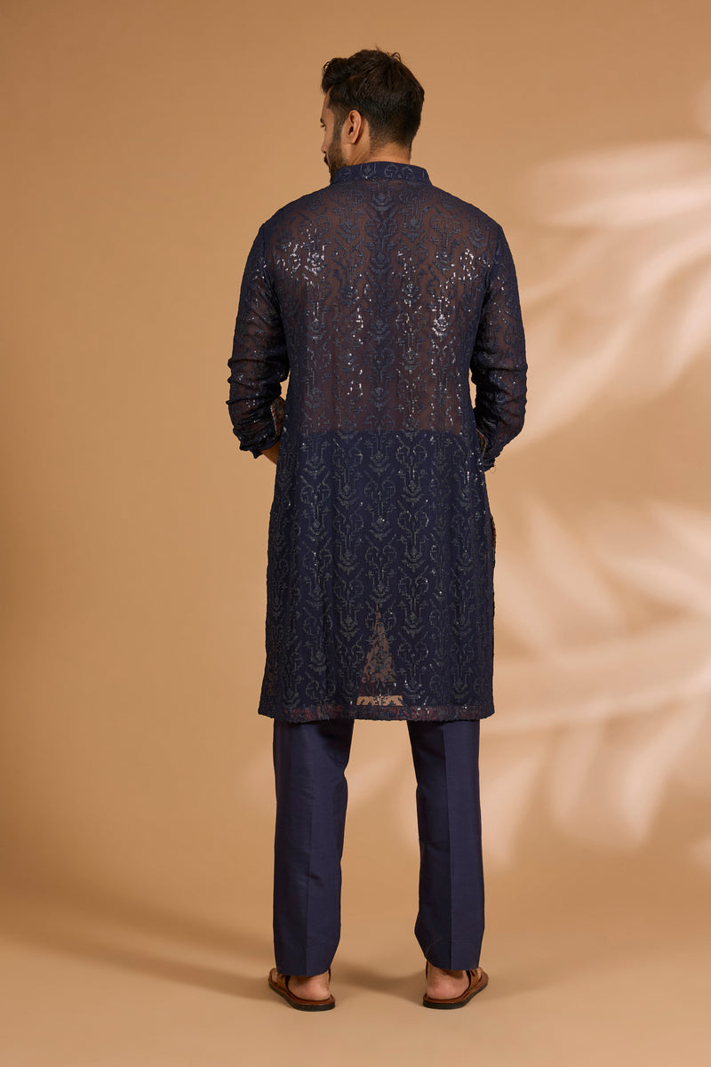 Blue Georgette Sequin Jaal Kurta with Loop Buttons