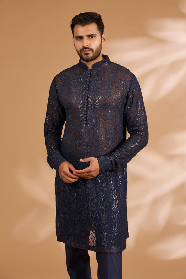 Blue Georgette Sequin Jaal Kurta with Loop Buttons