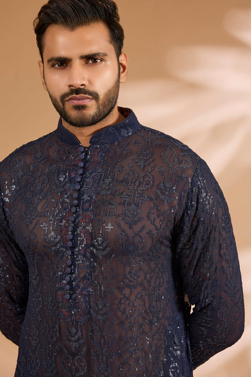 Blue Georgette Sequin Jaal Kurta with Loop Buttons