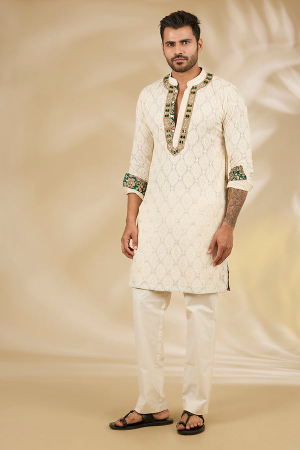 Off-White Leaf Threadwork Kurta Set