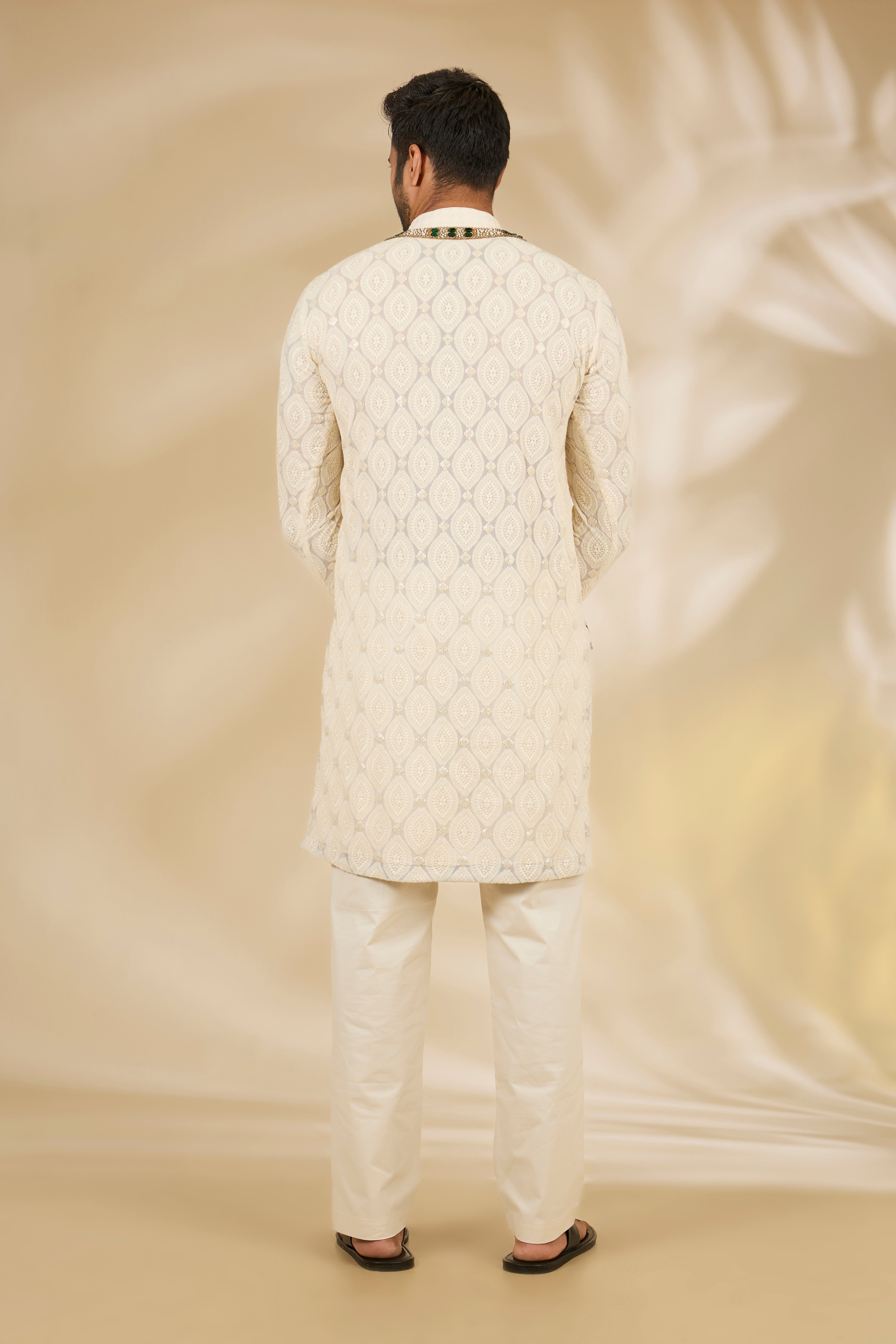 Off-White Leaf Threadwork Kurta Set