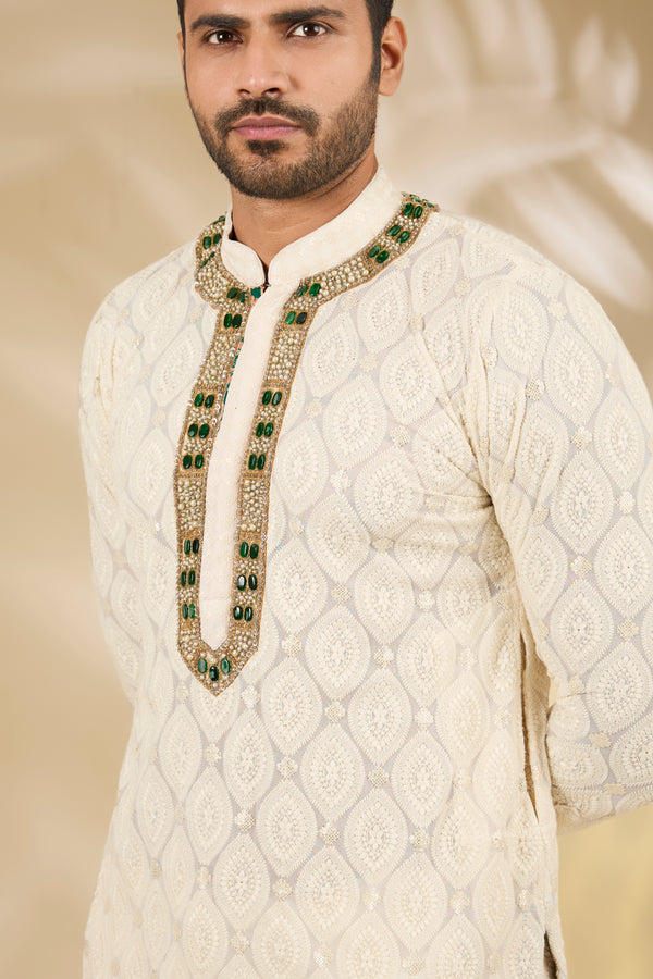 Off-White Leaf Threadwork Kurta Set