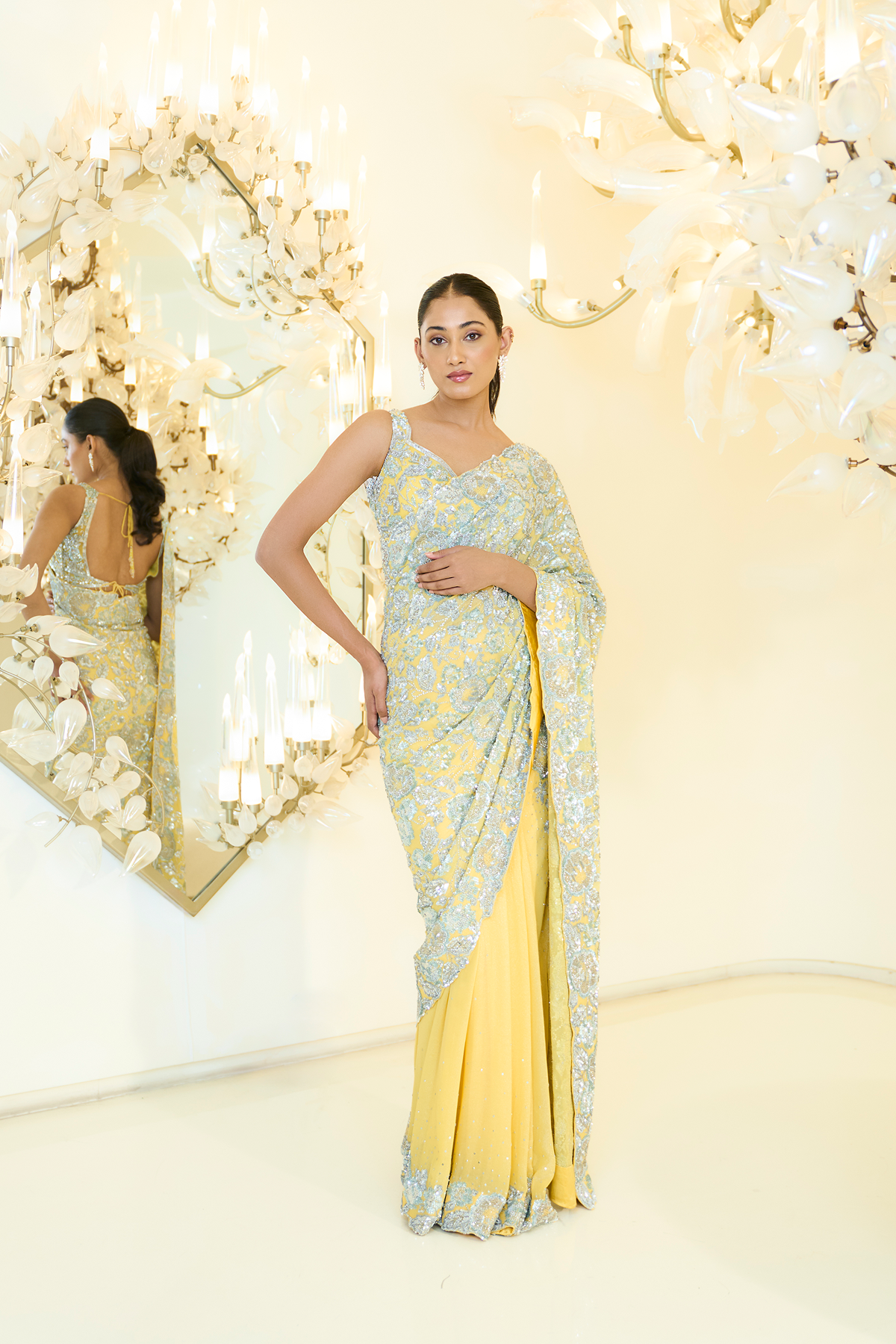 SUNSHINE YELLOW  HALF JAAL SARI SET