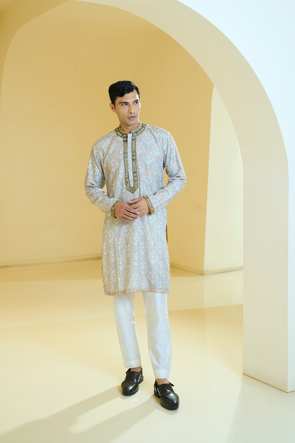 Sage Green Resham Jewel Neck Kurta Set