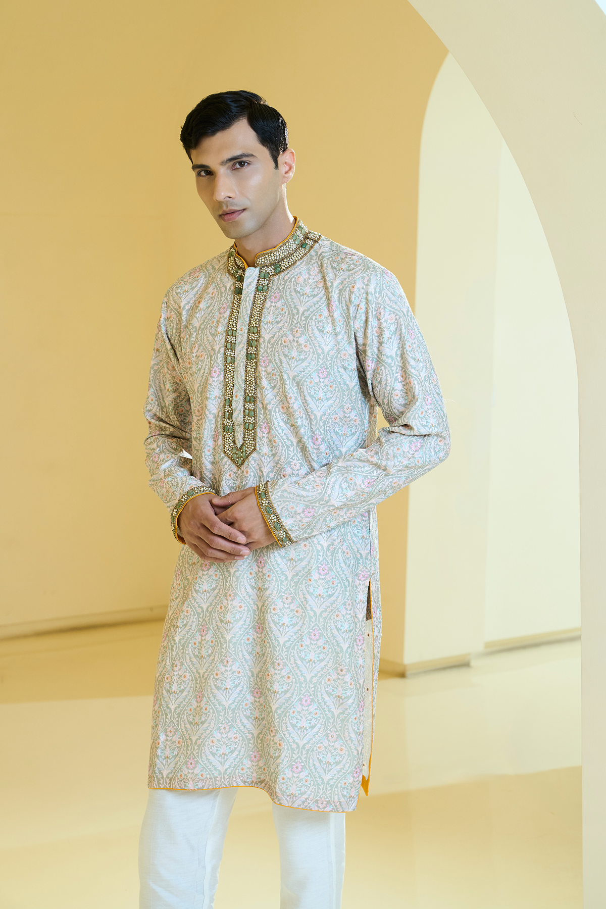 Sage Green Resham Jewel Neck Kurta Set