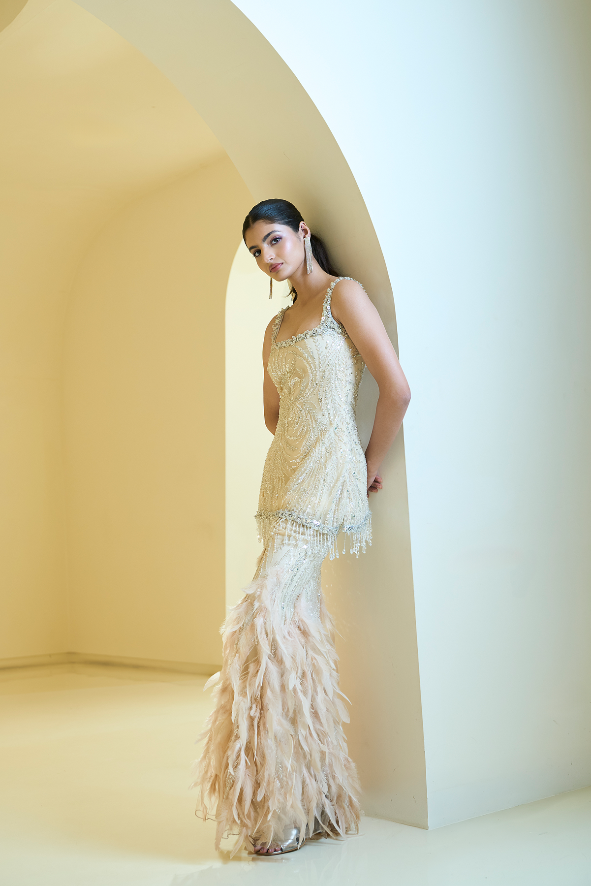 NUDE SHORT KURTI  FEATHER PALLAZZO SET