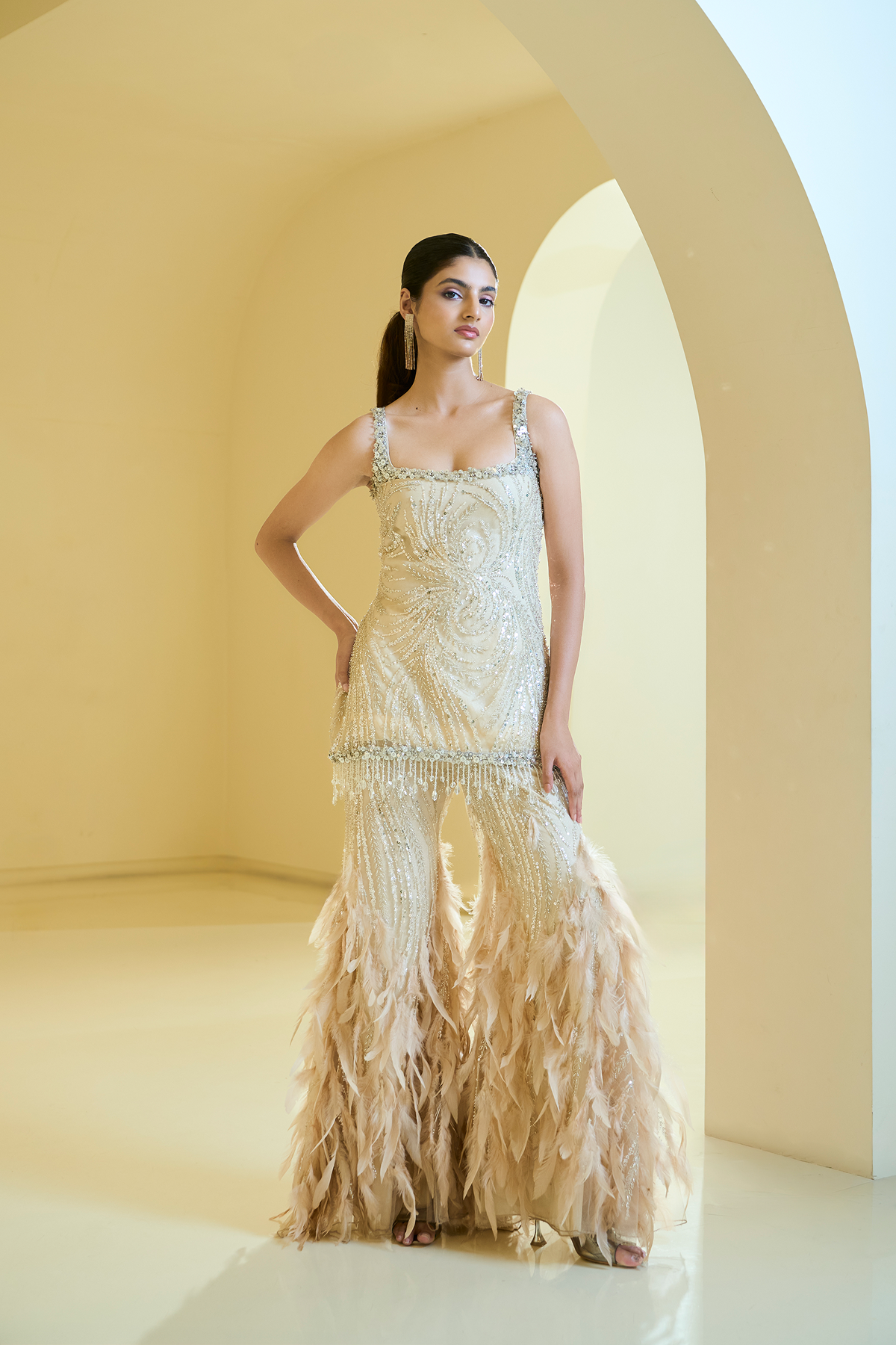 NUDE SHORT KURTI  FEATHER PALLAZZO SET