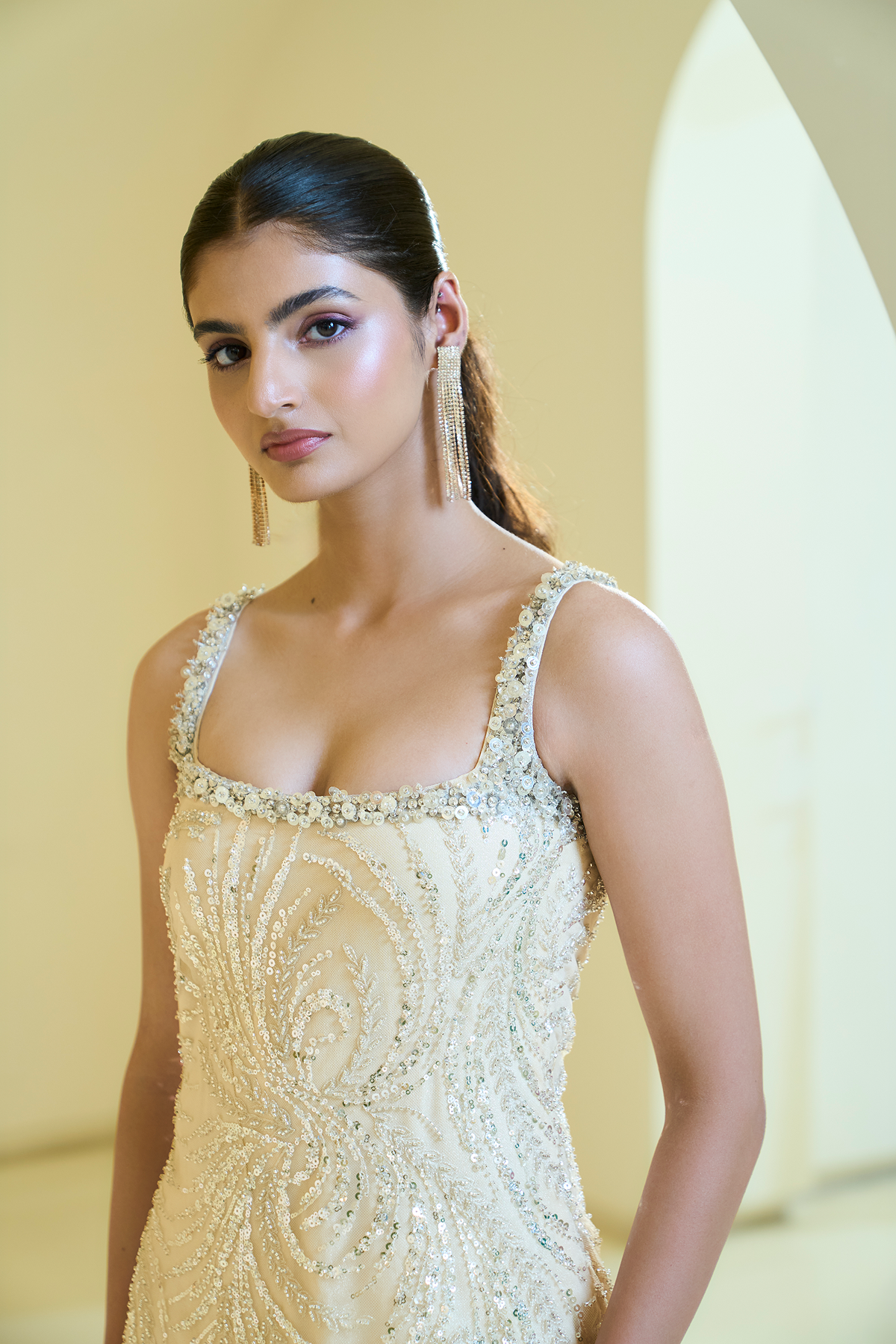 NUDE SHORT KURTI  FEATHER PALLAZZO SET