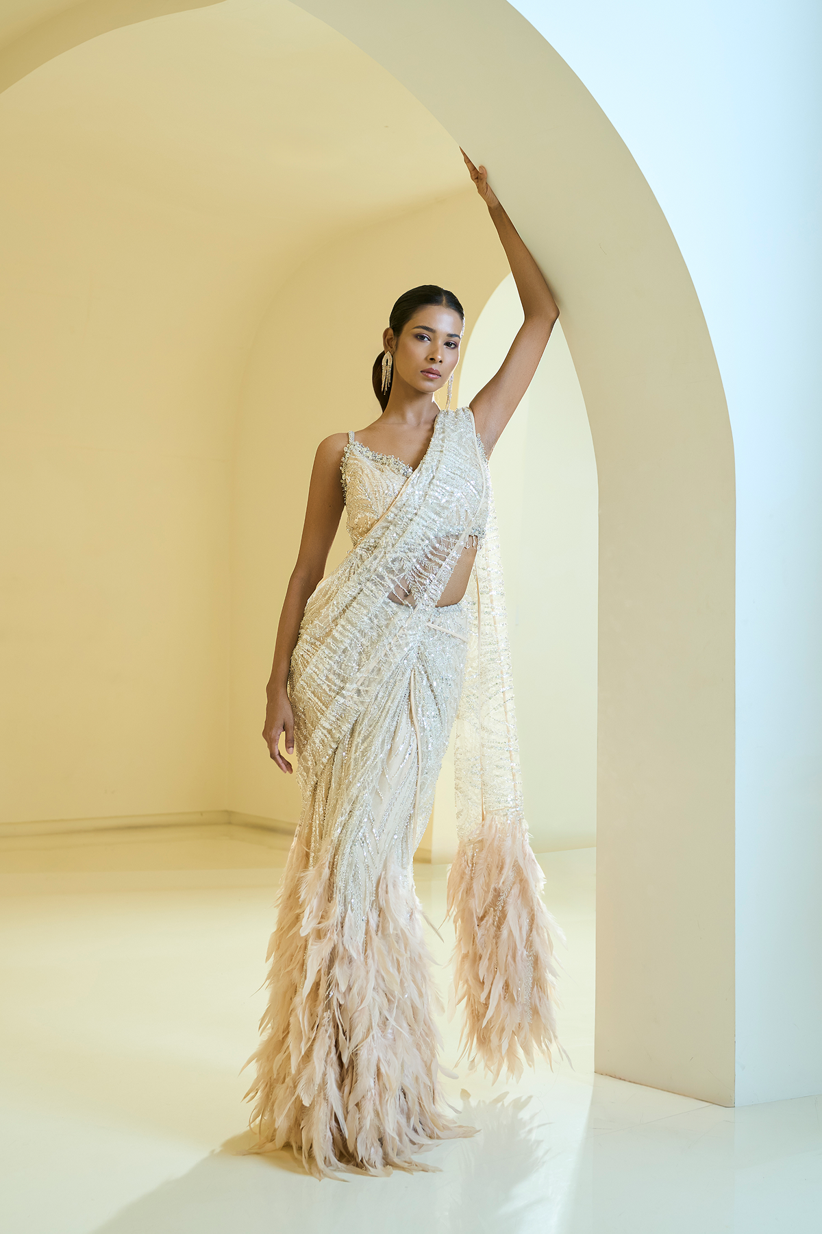 NUDE FEATHER STICH SAREE