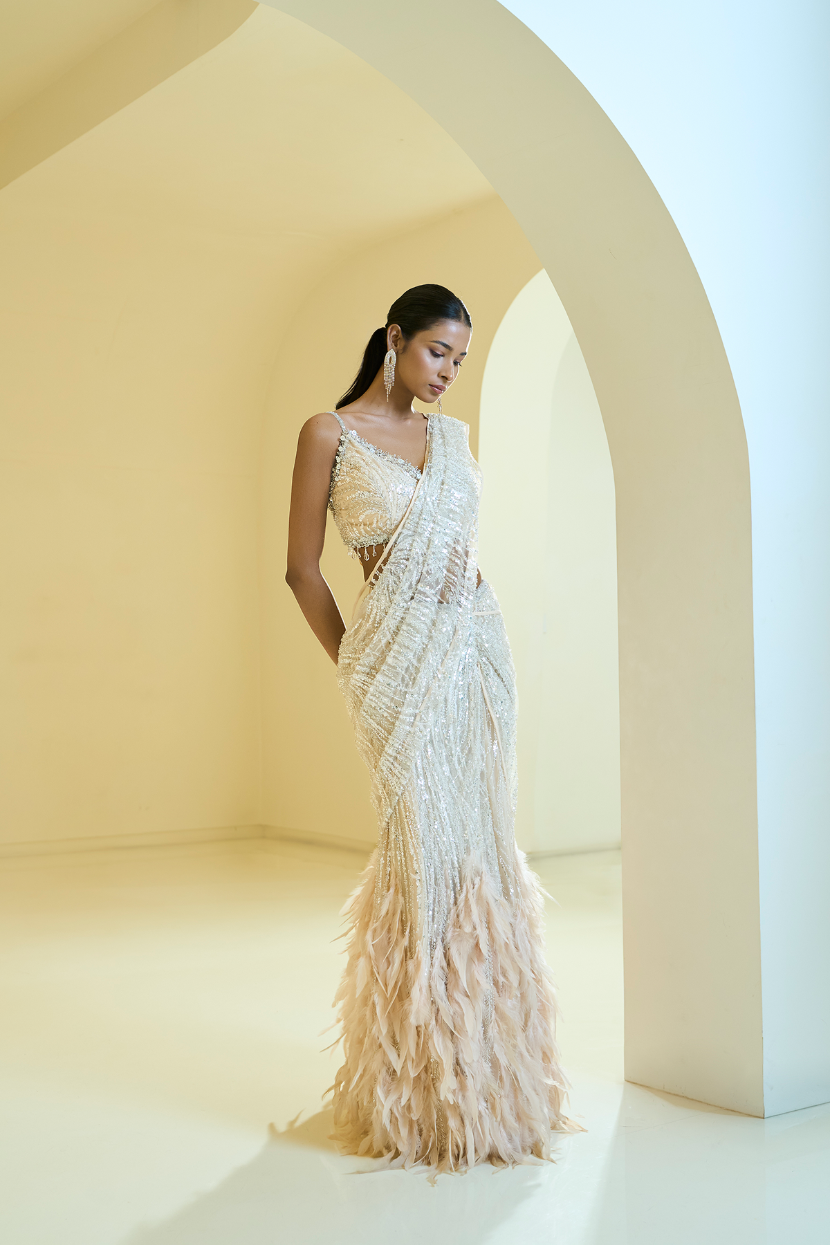 NUDE FEATHER STICH SAREE