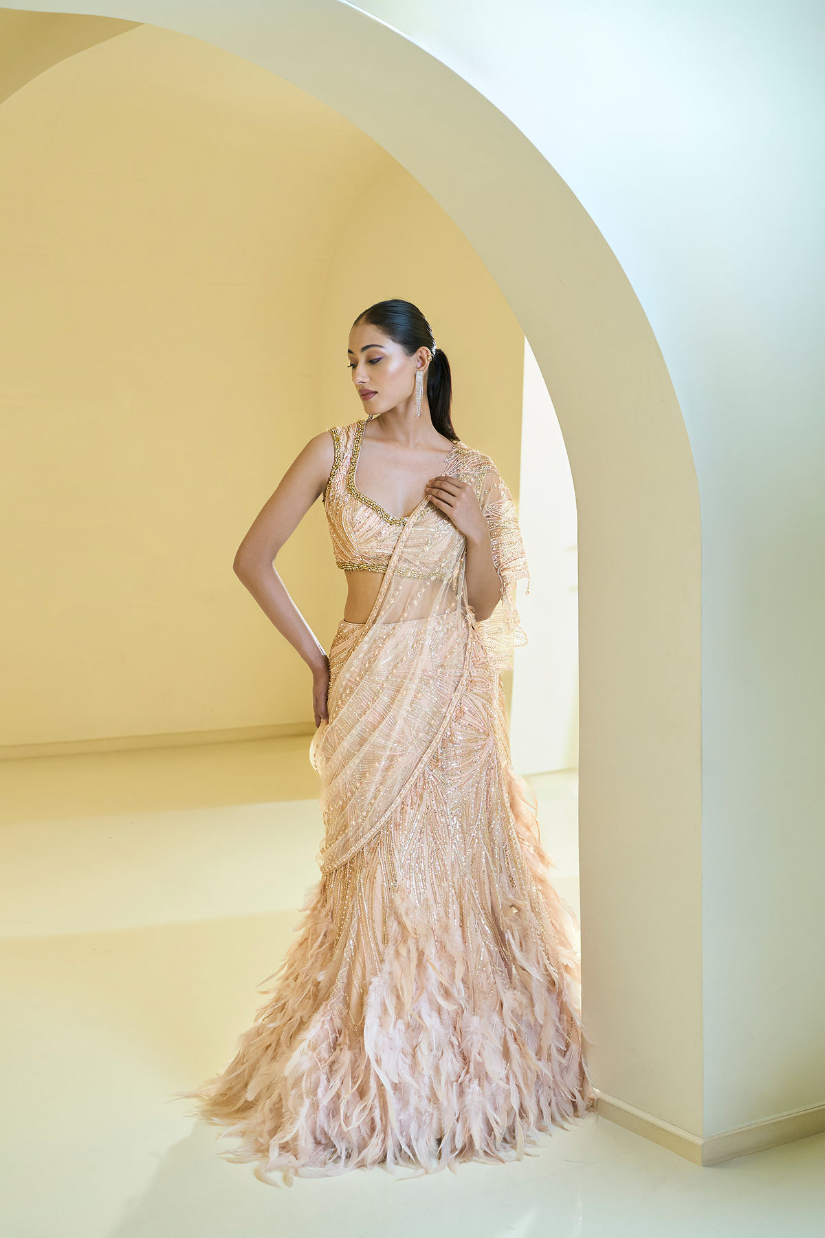 PEACH FEATHER LEHENGA WITH DRAPE PALLA